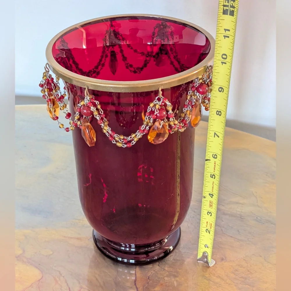 Vintage Exquisite Ruby Satin Glass Dangling Drape Beads Vase Glam Decor Regency